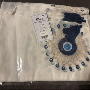 Rhea Hand Painted Evil Eye Scarf - White with Blue